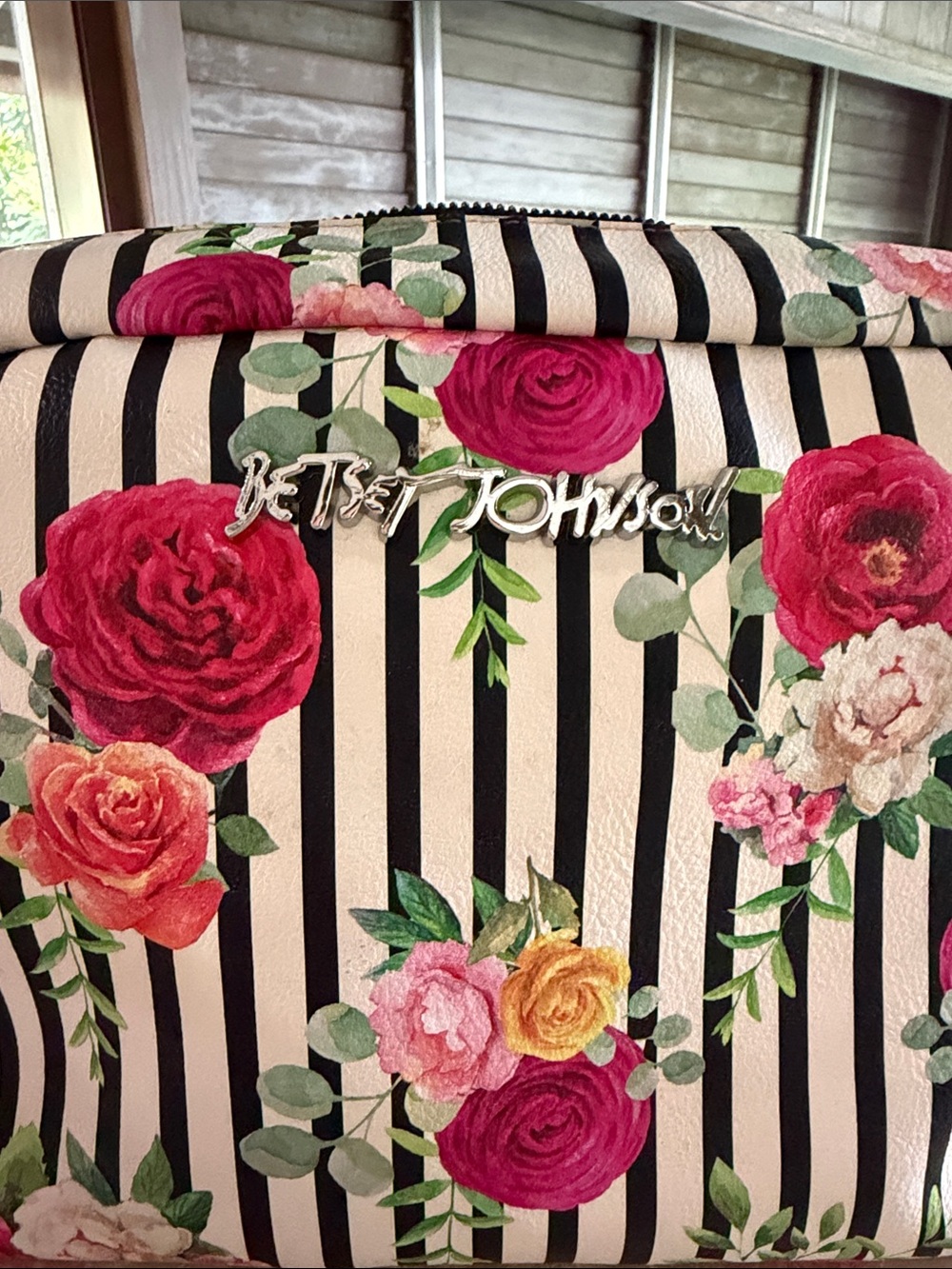 Betsey Johnson Black & White Striped Floral Wristlet Cosmetic Pouch - Picture 2 of 7